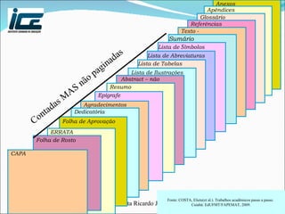Anexos Apêndices Glossário Referências Texto - Desenvolvimento Sumário Lista de   S ímbolos Lista de   Abreviaturas Lista de Tabelas Lista   de   Ilustrações Lista   de   Ilustrações Abstract – não Obrigatório no RCC Resumo Epígrafe   Agradecimentos   Dedicatória Folha   de   Aprovação ERRATA Folha   de   Rosto CAPA Contadas MAS não paginadas Fonte: COSTA, Eliete(et al.). Trabalhos acadêmicos passo a passo.  Cuiabá: EdUFMT/FAPEMAT, 2009. 