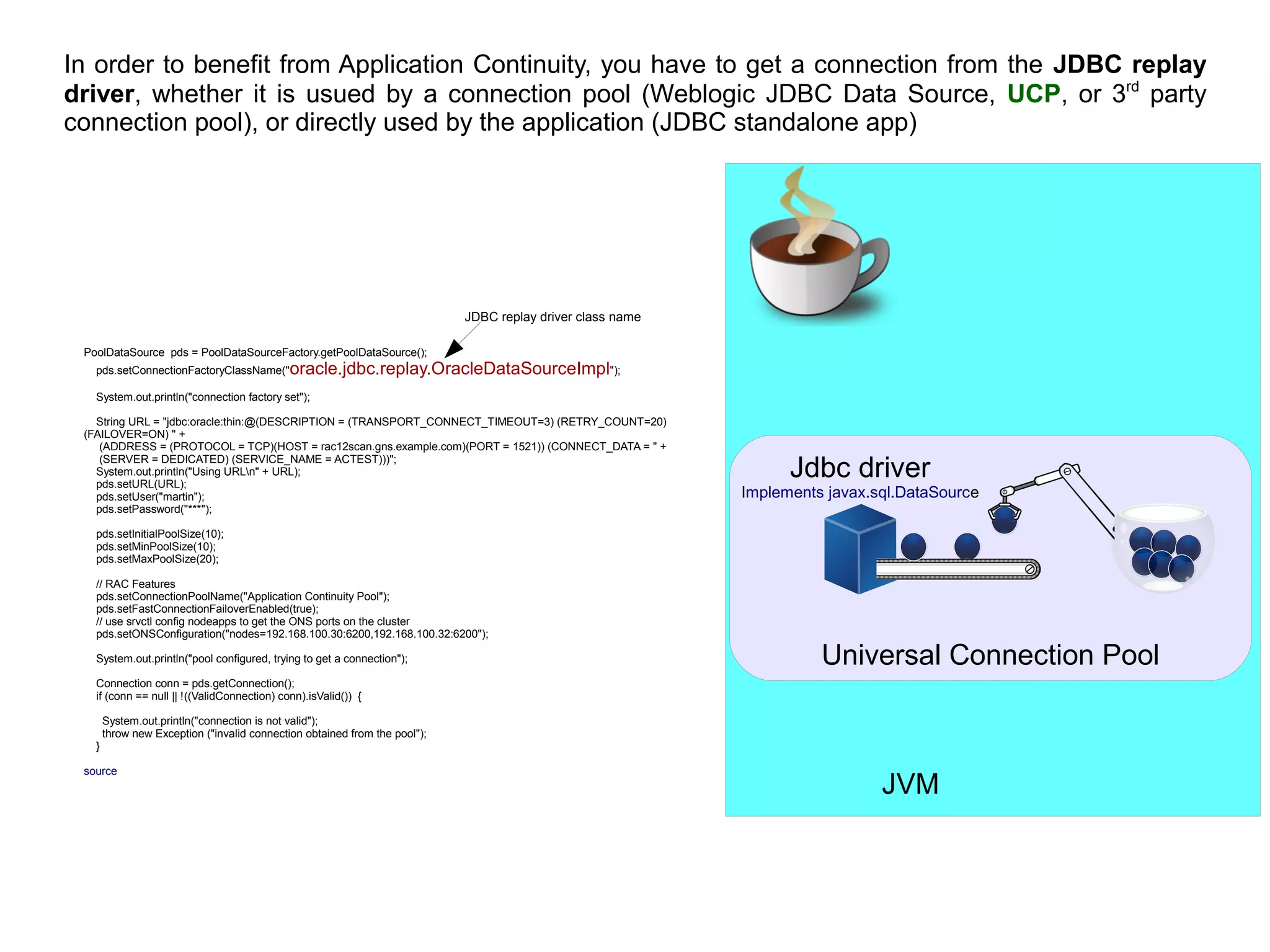 JVM
PoolDataSource pds = PoolDataSourceFactory.getPoolDataSource();
pds.setConnectionFactoryClassName("oracle.jdbc.replay.OracleDataSourceImpl");
System.out.println("connection factory set");
String URL = "jdbc:oracle:thin:@(DESCRIPTION = (TRANSPORT_CONNECT_TIMEOUT=3) (RETRY_COUNT=20)
(FAILOVER=ON) " +
(ADDRESS = (PROTOCOL = TCP)(HOST = rac12scan.gns.example.com)(PORT = 1521)) (CONNECT_DATA = " +
(SERVER = DEDICATED) (SERVICE_NAME = ACTEST)))";
System.out.println("Using URLn" + URL);
pds.setURL(URL);
pds.setUser("martin");
pds.setPassword("***");
pds.setInitialPoolSize(10);
pds.setMinPoolSize(10);
pds.setMaxPoolSize(20);
// RAC Features
pds.setConnectionPoolName("Application Continuity Pool");
pds.setFastConnectionFailoverEnabled(true);
// use srvctl config nodeapps to get the ONS ports on the cluster
pds.setONSConfiguration("nodes=192.168.100.30:6200,192.168.100.32:6200");
System.out.println("pool configured, trying to get a connection");
Connection conn = pds.getConnection();
if (conn == null || !((ValidConnection) conn).isValid()) {
System.out.println("connection is not valid");
throw new Exception ("invalid connection obtained from the pool");
}
source
JDBC replay driver class name
In order to benefit from Application Continuity, you have to get a connection from the JDBC replay
driver, whether it is usued by a connection pool (Weblogic JDBC Data Source, UCP, or 3rd
party
connection pool), or directly used by the application (JDBC standalone app)
Universal Connection Pool
Jdbc driver
Implements javax.sql.DataSource
 
