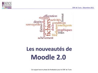 CNF de Tunis - Décembre 2011




Les nouveautés de
 Moodle 2.0
 Ce support est en phase de finalisation pour le CNF de Tunis
 
