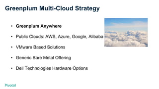 Greenplum Multi-Cloud Strategy
•  Greenplum Anywhere
•  Public Clouds: AWS, Azure, Google, Alibaba
•  VMware Based Solutions
•  Generic Bare Metal Offering
•  Dell Technologies Hardware Options
 