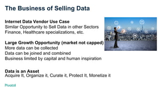 The Business of Selling Data
Internet Data Vendor Use Case
Similar Opportunity to Sell Data in other Sectors
Finance, Healthcare specializations, etc.
Large Growth Opportunity (market not capped)
More data can be collected
Data can be joined and combined
Business limited by capital and human inspiration
Data is an Asset
Acquire It, Organize it, Curate it, Protect It, Monetize it
 