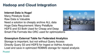 Hadoop and Cloud Integration
Internet Data is Huge!
Many Petabyte Scale
Raw Data is Valuable
Need a solution to cheaply archive ALL data
Huge Data Requirement: Many PetaByte
HDFS and S3 Both Used for Cheap and Deep
Smart File Formats like ORC used for optimizations
Greenplum External Table for Federated Analytics
Storage is important, but not without Query Access
Directly Query S3 and HDFS for Ingest or AdHoc Analysis
Load and save in optimized RDBMS storage for repeat analysis
 