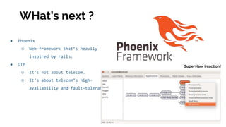 ● Phoenix
○ Web-framework that’s heavily
inspired by rails.
● OTP
○ It’s not about telecom.
○ It’s about telecom’s high-
availability and fault-tolerance
Supervisor in action!
WHat’s next ?
 