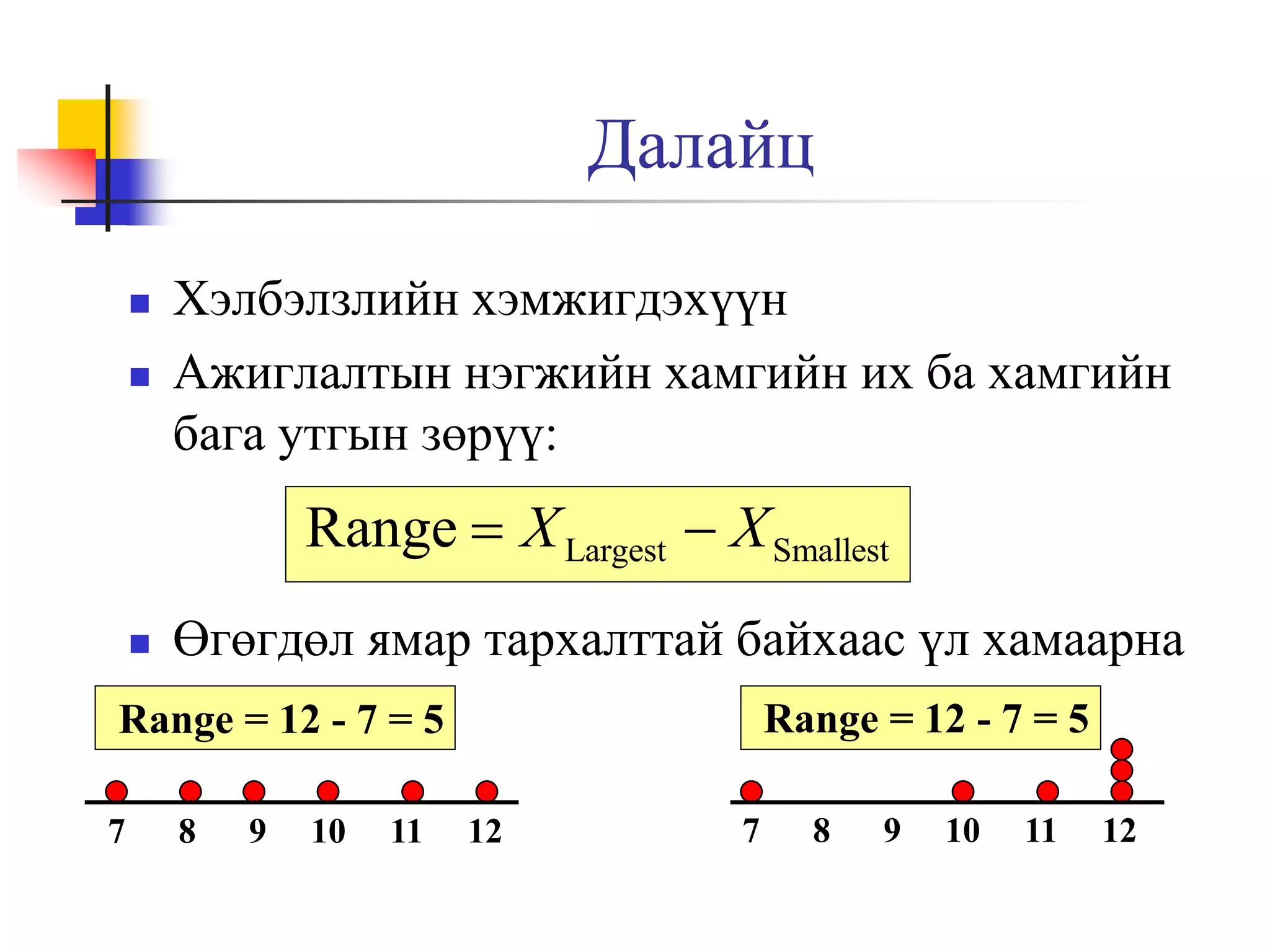 Далайц



Хэлбэлзлийн хэмжигдэхүүн
Ажиглалтын нэгжийн хамгийн их ба хамгийн
бага утгын зөрүү:

Range  X Largest  X Smallest


Өгөгдөл ямар тархалттай байхаас үл хамаарна
Range = 12 - 7 = 5

Range = 12 - 7 = 5
7

8

9

10

11

12

7

8

9

10

11

12

 