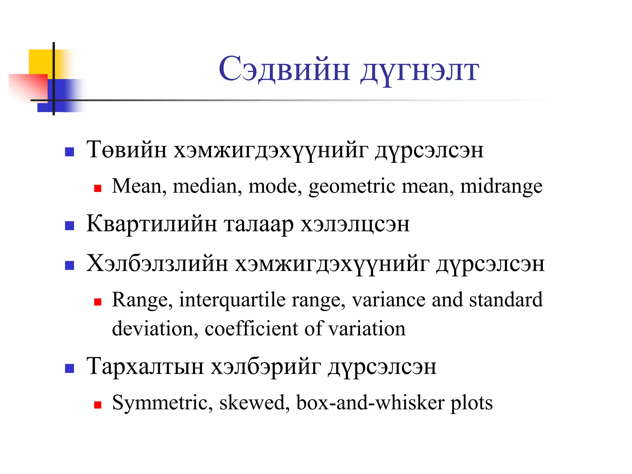 Сэдвийн дүгнэлт


Төвийн хэмжигдэхүүнийг дүрсэлсэн


Mean, median, mode, geometric mean, midrange



Квартилийн талаар хэлэлцсэн



Хэлбэлзлийн хэмжигдэхүүнийг дүрсэлсэн




Range, interquartile range, variance and standard
deviation, coefficient of variation

Тархалтын хэлбэрийг дүрсэлсэн


Symmetric, skewed, box-and-whisker plots

 