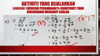AKTIVITI YANG DIJALANKAN
LANGKAH 1:MENCARI PERSAMAAN(‘E=EQUATIONS’) YANG
DIKEHENDAKI MENGIKUT SOALAN.
 