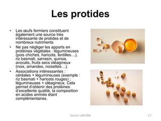 Les protides
• Les œufs fermiers constituent
également une source très
intéressante de protides et de
nombreux nutriments
• Ne pas négliger les apports en
protéines végétales : légumineuses
(pois chiches, haricots, lentilles…),
riz basmati, sarrasin, quinoa,
avocats, fruits secs oléagineux
(noix, amandes, noisettes…).
• Associations intéressantes :
céréales + légumineuses (exemple :
riz basmati + haricots rouges) ;
légumineuses + oléagineux. Cela
permet d’obtenir des protéines
d’excellente qualité, la composition
en acides aminés étant
complémentaires.
Xavier LARVOR 17
 