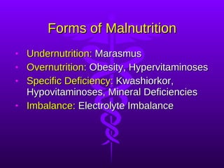 Forms of Malnutrition Undernutrition:  Marasmus Overnutrition:  Obesity, Hypervitaminoses Specific Deficiency:  Kwashiorkor, Hypovitaminoses, Mineral Deficiencies Imbalance:  Electrolyte Imbalance 