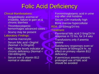 Folic Acid Deficiency Clinical Manifestations: Megaloblastic anemia w/ irritability, failure to gain wt & chronic diarrhea Thrombocytopenic hemorrhages advanced cases Scurvy may be present Laboratory Findings: Anemia macrocytic  Serum folic acid <3ng/ml (Normal = 5-20ng/ml) RBC folate levels indicator of chronic deficiency (Normal = 150-600ng/ml) Serum iron & vitamin B12 normal or elevated  Formiminoglutamic acid in urine esp after oral histidine Serum LDH markedly high Bone marrow hypercellular RDA:  20-50mcg/24 hrs Treatment: Parenteral folic acid 2-5mg/24 hr response in 72 hrs, for 3-4 wks Transfusions only if anemia severe Satisfactory responses even w/ low doses of 50mcg/24 hr, no effect on primary vitamin B12 deficiency If pernicious anemia present, prolonged use of folic acid should be avoided 