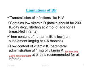Limitations of BF
Transmission of infections like HIV
Contains low vitamin D (intake should be 200
IU/day drop, starting at 2 mo. of age for all
breast-fed infants)
 Iron content of human milk is low(iron
supplement1mg/kg at 4-6 months)
Low content of vitamin K (parenteral
administration of 1 mg of vitamin K1 for term and
0.5mg for preterm IM at birth is recommended for all
infants).
october 6/2021 BY:Ayichew A.
23
 