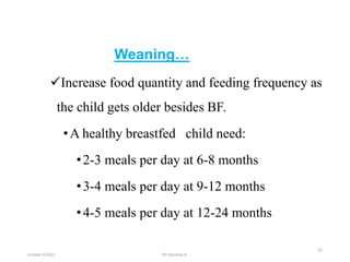 Weaning…
Increase food quantity and feeding frequency as
the child gets older besides BF.
•A healthy breastfed child need:
•2-3 meals per day at 6-8 months
•3-4 meals per day at 9-12 months
•4-5 meals per day at 12-24 months
october 6/2021
32
BY:Ayichew A.
 