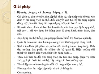 Giải pháp
1. Bộ máy, công cụ và phương pháp quản lý.
- Cải cách cơ cấu tổ chức, sắp xếp lại nhân sự, sáp nhập các phòng, xác
định vị trí công việc cụ thể, điều chuyển cán bộ, bố trí đúng người
đúng việc, làm tốt công tác tuyển dụng mới, cán bộ về hưu.
- Rà soát, điều chỉnh và ban hành mới các văn bản quy định, quy chế,
nội quy … để xây dựng hệ thống quản lý công khai, minh bạch, dân
chủ.
- Xây dựng các hệ thống giải pháp phần mềm hỗ trợ đào tạo, quản lý.
- Quản lý theo mục tiêu, hiệu quả công việc, thưởng, phạt công minh.
- Sinh viên đánh giá giáo viên, nhân viên đánh giá cán bộ quản lý, lãnh
đạo trường. Lấy phiếu tín nhiệm cán bộ quản lý. Hiệu trưởng đối
thoại với cán bộ giáo viên, sinh viên hàng năm …
- Thay đổi thái độ đối với công việc, kỷ luật lao động, phục vụ sinh
viên, giữ gìn đoàn kết nội bộ, xây dựng văn hóa trường học
- Thành lập các nhóm công tác đối với từng nhiệm vụ cụ thể.
- Phương pháp thu thập, cập nhật và xử lý thông tin.
- Outsourcing.
 