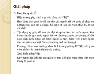 Giải pháp
5. Hợp tác quốc tế
- Hiệu trưởng phụ trách trực tiếp công tác HTQT.
- Huy động các quan hệ để săn tìm các nguồn tài trợ quốc tế phục vụ
nghiên cứu, đào tạo đội ngũ, bổ sung tư liệu thư viện, thiết bị, cơ sở
vật chất…
- Tận dụng sự giúp đỡ của các đại sứ quán, tổ chức nước ngoài, tìm
kiếm chuyên gia nước ngoài hỗ trợ (thường xuyên có khoảng 40-50
giáo viên nước ngoài do nước ngoài tài trợ). Giáo viên nước ngoài
đào tạo giáo viên Việt Nam (coaching and mentoring)
- Phương châm: mỗi trưởng khoa là 1 trưởng phòng HTQT, mỗi giáo
viên, sinh viên là một đại sứ của trường.
- Xuất khẩu tiếng Việt
- Đẩy mạnh liên kết đào tạo quốc tế, trao đổi giáo viên, sinh viên theo
thông lệ quốc tế.
 