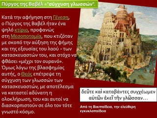 Πύργοσ τησ Βαβέλ ="ςύγχυςη γλωςςών".

Κατϊ την αφόγηςη ςτη Γϋνεςη,
ο Πύργοσ τησ Βαβϋλ όταν ϋνα
ψηλό κτύριο, προφανώσ
ςτη Μεςοποταμύα, που κτιζόταν
με ςκοπό την αύξηςη τησ φόμησ
και τησ εξουςύασ του λαού - των
καταςκευαςτών του, και ςτόχο να
φθϊςει «μϋχρι τον ουρανό».
Όμωσ λόγω τησ βλαςφημύασ
αυτόσ, ο Θεόσ επϋτρεψε τη
ςύγχυςη των γλωςςών των
καταςκευαςτών, με αποτϋλεςμα
να καταςτεύ αδύνατη η            δεῦτε καὶ καταβϊντεσ ςυγχϋωμεν
ολοκλόρωςη, του και αυτού να         αὐτῶν ἐκεῖ τὴν γλῶςςαν…
διαςκορπιςτούν ςε όλο τον τότε  Από τη Βικιπαίδεια, την ελεύθερη
γνωςτό κόςμο.                   εγκυκλοπαίδεια
 