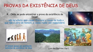 PROVAS DA EXISTÊNCIA DE DEUS
O homem possui um sentimento
instintivo da existência de Deus
4 - Onde se pode encontrar a prova da existência de
Deus?
... não há efeito sem causa. Procurai a causa de tudo o
que não é obra do homem, e vossa razão vos responderá.
Livro dos Espíritos. Cap.I.
 
