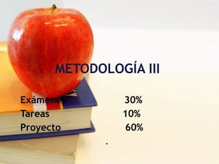 METODOLOGÍA III  Exámenes  30% Tareas  10% Proyecto  60%  . 