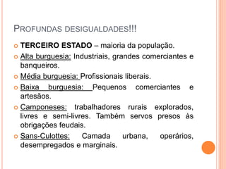 PROFUNDAS DESIGUALDADES!!!
 TERCEIRO ESTADO – maioria da população.
 Alta burguesia: Industriais, grandes comerciantes e
banqueiros.
 Média burguesia: Profissionais liberais.
 Baixa burguesia: Pequenos comerciantes e
artesãos.
 Camponeses: trabalhadores rurais explorados,
livres e semi-livres. Também servos presos às
obrigações feudais.
 Sans-Culottes: Camada urbana, operários,
desempregados e marginais.
 
