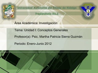 Área Académica: Investigación
Tema: Unidad I: Conceptos Generales
Profesor(a): Psic. Martha Patricia Sierra Guzmán
Periodo: Enero-Junio 2012
 