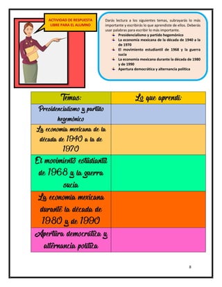 8
Temas: Lo que aprendí:
Presidencialismo y partido
hegemónico
La economía mexicana de la
década de 1940 a la de
1970
El movimiento estudiantil
de 1968 y la guerra
sucia
La economía mexicana
durante la década de
1980 y de 1990
Apertura democrática y
alternancia política
ACTIVIDAD DE RESPUESTA
LIBRE PARA EL ALUMNO
Darás lectura a los siguientes temas, subrayarás lo más
importante y escribirás lo que aprendiste de ellos. Deberás
usar palabras para escribir lo más importante.
Presidencialismo y partido hegemónico
La economía mexicana de la década de 1940 a la
de 1970
El movimiento estudiantil de 1968 y la guerra
sucia
La economía mexicana durante la década de 1980
y de 1990
Apertura democrática y alternancia política
 