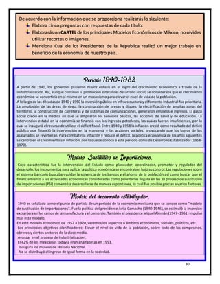 30
Periodo 1940-1982.
A partir de 1940, los gobiernos pusieron mayor énfasis en el logro del crecimiento económico a través de la
industrialización. Así, aunque continúo la promoción estatal del desarrollo social, se consideraba que el crecimiento
económico se convertiría en sí mismo en un mecanismo para elevar el nivel de vida de la población.
A lo largo de las décadas de 1940 y 1950 la inversión pública en infraestructura y el fomento industrial fue prioritaria.
La ampliación de las áreas de riego, la construcción de presas y diques, la electrificación de amplias zonas del
territorio, la construcción de carreteras y de sistemas de comunicaciones, generaron empleos e ingresos. El gasto
social creció en la medida en que se ampliaron los servicios básicos, las acciones de salud y de educación. La
intervención estatal en la economía se financió con los ingresos petroleros, los cuales fueron insuficientes, por lo
cual se inauguró el recurso de utilizar el déficit fiscal. Entre 1940 y 1958 la inflación creció como resultado del déficit
público que financió la intervención en la economía y las acciones sociales, provocando que los logros de los
asalariados se revirtieran. Para combatir la inflación y reducir el déficit, la política económica de los años siguientes
se centró en el crecimiento sin inflación, por lo que se conoce a este periodo como de Desarrollo Estabilizador (1958-
1970).
Modelo Sustitutivo de Importaciones.
Cuya característica fue la intervención del Estado como planeador, coordinador, promotor y regulador del
desarrollo, los instrumentos para aplicar la política económica se encontraban bajo su control. Las regulaciones sobre
el sistema bancario buscaban cuidar la solvencia de los bancos y el ahorro de la población así como buscar que el
financiamiento a las actividades económicas consideradas como prioritarias llegara en las El proceso de sustitución
de importaciones (PSI) comenzó a desarrollarse de manera espontánea, lo cual fue posible gracias a varios factores.
Modelo del desarrollo estabilizador.
1940 es señalado como el punto de partida de un período de la economía mexicana que se conoce como "modelo
de sustitución de importaciones". Fue la política del presidente Ávila Camacho (1940-1946), se estimuló la inversión
extranjera en los ramos de la manufactura y el comercio. También el presidente Miguel Alemán (1947- 1951) impulsó
más este modelo.
En este modelo económico de 1952 a 1970, veremos los aspectos o ámbitos económicos, sociales, políticos, etc.
Los principales objetivos planificadores: Elevar el nivel de vida de la población, sobre todo de los campesinos,
obreros y ciertos sectores de la clase media.
Avanzar en el proceso de industrialización.
El 42% de los mexicanos todavía eran analfabetas en 1953.
Inaugura los museos de Historia Nacional.
No se distribuyó el ingreso de igual forma en la sociedad.
De acuerdo con la información que se proporciona realizarás lo siguiente:
Elabora cinco preguntas con respuestas de cada título.
Elaborarás un CARTEL de los principales Modelos Económicos de México, no olvides
utilizar recortes o imágenes.
Menciona Cual de los Presidentes de la Republica realizó un mejor trabajo en
beneficio de la economía de nuestro país.
 