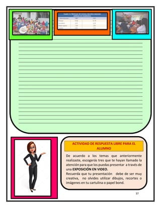 37
______________________________________________________________________________________
______________________________________________________________________________________
______________________________________________________________________________________
______________________________________________________________________________________
______________________________________________________________________________________
______________________________________________________________________________________
______________________________________________________________________________________
______________________________________________________________________________________
______________________________________________________________________________________
______________________________________________________________________________________
______________________________________________________________________________________
______________________________________________________________________________________
______________________________________________________________________________________
______________________________________________________________________________________
______________________________________________________________________________________
______________________________________________________________________________________
______________________________________________________________________________________
______________________________________________________________________________________
______________________________________________________________________________________
______________________________________________________________________________________
______________________________________________________________________________________
______________________________________________________________________________________
______________________________________________________________________________________
______________________________________________________________________________________
______________________________________________________________________________________
______________________________________________________________________________________
______________________________________________________________________________________
______________________________________________________________________________________
______________________________________________________________________________________
______________________________________________________________________________________
______________________________________________________________________________________
______________________________________________________________________________________
______________________________________________________________________________________
______________________________________________________________________________________
______________________________________________________________________________________
______________________________________________________________________________________
______________________________________________________________________________________
______________________________________________________________________________________
______________________________________________________________________________________
______________________________________________________________________________________
______________________________________________________________________________________
______________________________________________________________________________________
______________________________________________________________________________________
______________________________________________________________________________________
____________
ACTIVIDAD DE RESPUESTA LIBRE PARA EL
ALUMNO
De acuerdo a los temas que anteriormente
realizaste, escogerás tres que te hayan llamado la
atención para que los puedas presentar a través de
una EXPOSICIÓN EN VIDEO.
Recuerda que tu presentación debe de ser muy
creativa, no olvides utilizar dibujos, recortes o
imágenes en tu cartulina o papel bond.
 