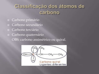  Carbono primário
 Carbono secundário
 Carbono terciário
 Carbono quaternário
OBS: carbono assimétrico ou quiral.
 