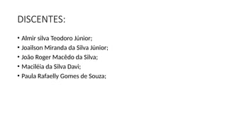 DISCENTES:
• Almir silva Teodoro Júnior;
• Joailson Miranda da Silva Júnior;
• João Roger Macêdo da Silva;
• Maciléia da Silva Davi;
• Paula Rafaelly Gomes de Souza;
 
