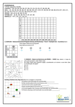 6
COORDENADAS
1) Pinte segundo a receita
LARANJA – D2, D3, D4, D5, D6, D7, D8, C3, C4, C5, C6, C7, B4, B5, B6
AZUL – A1, A2, A3, A4, A5, A6, A7, A8, A9, A10, A11, A12, B1, B2, B3, B7, B8, B9, B10, B11, B12, C1,
C2, C8, C9, C10, C11, C12, D1, D9, D10, D11, D12
VERDE – K5, J5, I5, H5, G5, F5, E5
VERMELHO – J6, I6, H6, G6, F6, I7, H7, G7, H8
AMARELO – K11, J10, J11, J12, I11
2) (NAPLAN– National AssesmentProgram Literacy and Numeracy – Year 3 – Example test– Austrália) Adam
coloualgunsadesivosnestagrade.
Qual adesivoestáemC3?
3) (SIMAVE – Matriz de Referência do PROEB – CAED) Veja, abaixo, o mapa de
uma parte do bairro onde Pedro mora
No mapa, Pedro quer localizar a igreja, considerando um número e uma letra. Qual
é a localização da igreja?
A) 2, A
B) 3, C
C) 2, B
D) 1, C
4) (http://mdmat.mat.ufrgs.br/) Observe a imagem e responda:
a) A Igreja está localizada nas coordenadas ____________
b) Nas coordenadas (d,4) encontramos uma _________________
c) A torre tem como coordenadas ____________
d) Nas coordenadas (b,2) existe um_________________
e) O escorregador das crianças está localizado nas coordenadas ____________
f) O banco da praça está localizado nas coordenadas ____________
 