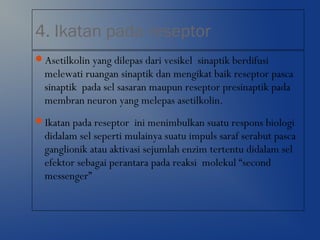 4. Ikatan pada reseptor
Asetilkolin yang dilepas dari vesikel sinaptik berdifusi
melewati ruangan sinaptik dan mengikat baik reseptor pasca
sinaptik pada sel sasaran maupun reseptor presinaptik pada
membran neuron yang melepas asetilkolin.
Ikatan pada reseptor ini menimbulkan suatu respons biologi
didalam sel seperti mulainya suatu impuls saraf serabut pasca
ganglionik atau aktivasi sejumlah enzim tertentu didalam sel
efektor sebagai perantara pada reaksi molekul “second
messenger”
 
