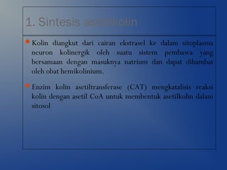 1. Sintesis asetilkolin
Kolin diangkut dari cairan ekstrasel ke dalam sitoplasma
neuron kolinergik oleh suatu sistem pembawa yang
bersamaan dengan masuknya natrium dan dapat dihambat
oleh obat hemikolinium.
Enzim kolin asetiltransferase (CAT) mengkatalisis reaksi
kolin dengan asetil CoA untuk membentuk asetilkolin dalam
sitosol
 
