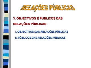 I. OBJECTIVOS DASI. OBJECTIVOS DAS RELAÇÕES PÚBLICASRELAÇÕES PÚBLICAS
3. OBJECTIVOS E PÚBLICOS DAS3. OBJECTIVOS E PÚBLICOS DAS
RELAÇÕES PÚBLICASRELAÇÕES PÚBLICAS
II. PÚBLICOS DASII. PÚBLICOS DAS RELAÇÕES PÚBLICASRELAÇÕES PÚBLICAS
 