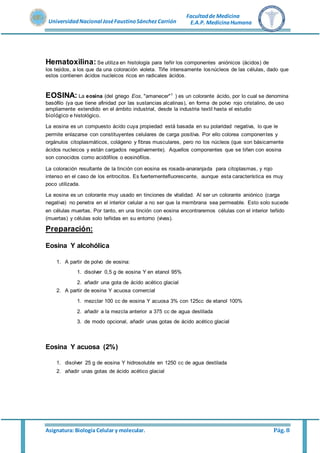 Asignatura: Biología Celular y molecular. Pág. 8
UniversidadNacional JoséFaustinoSánchez Carrión
Facultadde Medicina
E.A.P. MedicinaHumana
Hematoxilina: Se utiliza en histología para teñir los componentes aniónicos (ácidos) de
los tejidos, a los que da una coloración violeta. Tiñe intensamente losnúcleos de las células, dado que
estos contienen ácidos nucleicos ricos en radicales ácidos.
EOSINA: La eosina (del griego Eos, "amanecer"1
) es un colorante ácido, por lo cual se denomina
basófilo (ya que tiene afinidad por las sustancias alcalinas), en forma de polvo rojo cristalino, de uso
ampliamente extendido en el ámbito industrial, desde la industria textil hasta el estudio
biológico e histológico.
La eosina es un compuesto ácido cuya propiedad está basada en su polaridad negativa, lo que le
permite enlazarse con constituyentes celulares de carga positiva. Por ello colorea componentes y
orgánulos citoplasmáticos, colágeno y ﬁbras musculares, pero no los núcleos (que son básicamente
ácidos nucleicos y están cargados negativamente). Aquellos componentes que se tiñen con eosina
son conocidos como acidóﬁlos o eosinóﬁlos.
La coloración resultante de la tinción con eosina es rosada-anaranjada para citoplasmas, y rojo
intenso en el caso de los eritrocitos. Es fuertementeﬂuorescente, aunque esta característica es muy
poco utilizada.
La eosina es un colorante muy usado en tinciones de vitalidad. Al ser un colorante aniónico (carga
negativa) no penetra en el interior celular a no ser que la membrana sea permeable. Esto solo sucede
en células muertas. Por tanto, en una tinción con eosina encontraremos células con el interior teñido
(muertas) y células solo teñidas en su entorno (vivas).
Preparación:
Eosina Y alcohólica
1. A partir de polvo de eosina:
1. disolver 0,5 g de eosina Y en etanol 95%
2. añadir una gota de ácido acético glacial
2. A partir de eosina Y acuosa comercial
1. mezclar 100 cc de eosina Y acuosa 3% con 125cc de etanol 100%
2. añadir a la mezcla anterior a 375 cc de agua destilada
3. de modo opcional, añadir unas gotas de ácido acético glacial
Eosina Y acuosa (2%)
1. disolver 25 g de eosina Y hidrosoluble en 1250 cc de agua destilada
2. añadir unas gotas de ácido acético glacial
 
