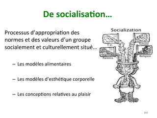 De	socialisa)on…	
Processus	d’appropriaNon	des	
normes	et	des	valeurs	d’un	groupe	
socialement	et	culturellement	situé…	
–  Les	modèles	alimentaires		
–  Les	modèles	d’esthéNque	corporelle	
–  Les	concepNons	relaNves	au	plaisir		
103
 