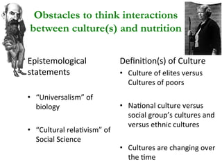Obstacles to think interactions
between culture(s) and nutrition
Epistemological	
statements	
	
•  “Universalism”	of	
biology		
•  “Cultural	relaNvism”	of	
Social	Science			
DeﬁniNon(s)	of	Culture		
•  Culture	of	elites	versus	
Cultures	of	poors	
•  NaNonal	culture	versus	
social	group’s	cultures	and	
versus	ethnic	cultures		
•  Cultures	are	changing	over	
the	Nme		
 