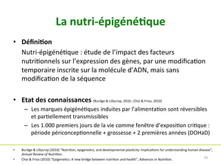 La	nutri-épigéné)que	
•  Déﬁni)on	
	Nutri-épigénéNque	:	étude	de	l’impact	des	facteurs	
nutriNonnels	sur	l’expression	des	gènes,	par	une	modiﬁcaNon	
temporaire	inscrite	sur	la	molécule	d’ADN,	mais	sans	
modiﬁcaNon	de	la	séquence	
•  Etat	des	connaissances	(Burdge	&	Lillycrop,	2010	;	Choi	&	Friso,	2010)	
–  Les	marques	épigénéNques	induites	par	l’alimentaNon	sont	réversibles	
et	parNellement	transmissibles	
–  Les	1.000	premiers	jours	de	la	vie	comme	fenêtre	d’exposiNon	criNque	:	
période	périconcepNonnelle	+	grossesse	+	2	premières	années	(DOHaD)	
	
•  Burdge	&	Lillycrop	(2010)	“NutriNon,	epigeneNcs,	and	developmental	plasNcity:	ImplicaNons	for	understanding	human	disease”,	
Annual	Review	of	Nutri%on.	
•  Choi	&	Friso	(2010)	“EpigeneNcs:	A	new	bridge	between	nutriNon	and	health”,	Advances	in	Nutri%on.	 55	
 