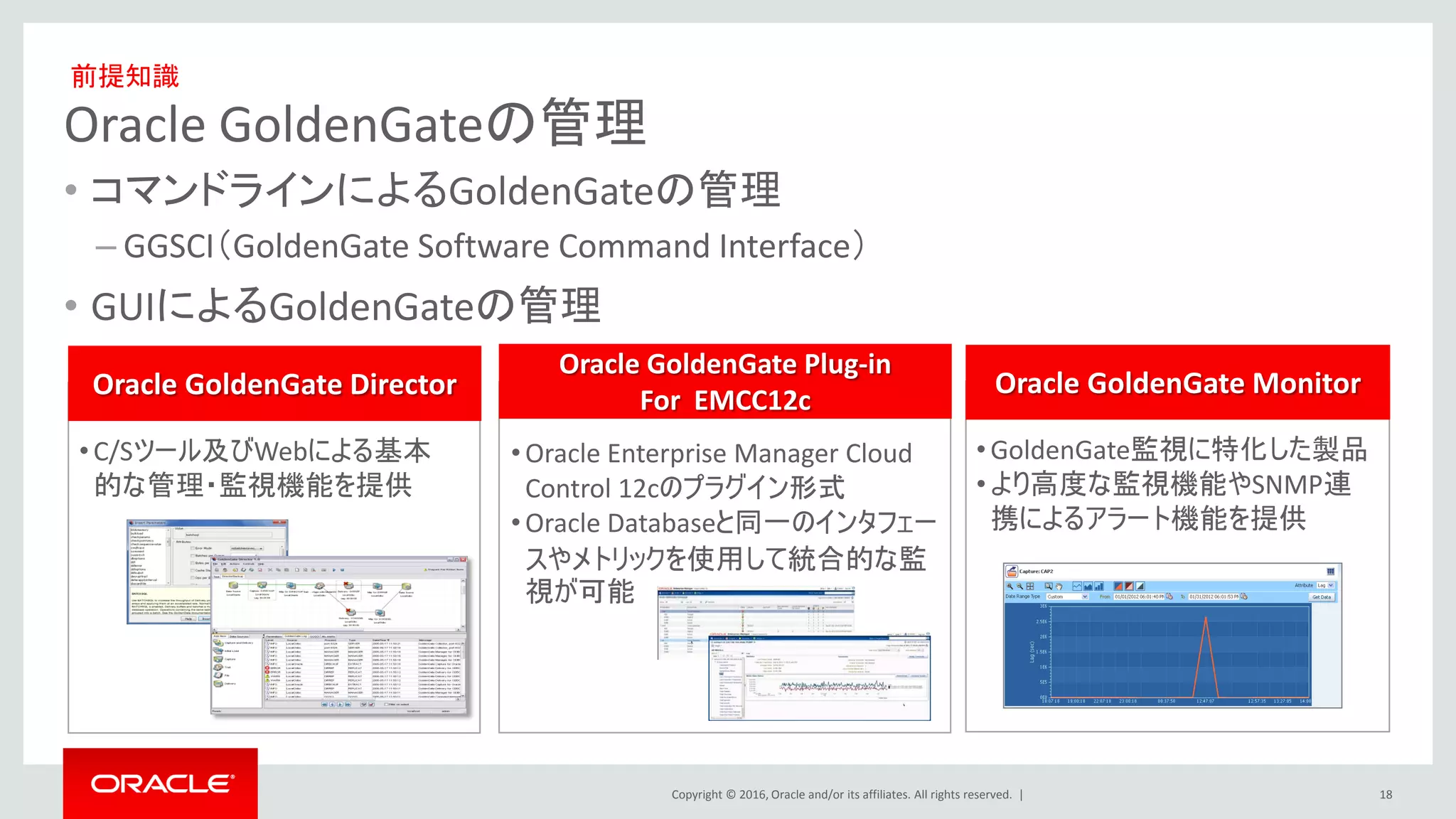 Copyright © 2016, Oracle and/or its affiliates. All rights reserved. |
Oracle GoldenGateの管理
• コマンドラインによるGoldenGateの管理
– GGSCI（GoldenGate Software Command Interface）
• GUIによるGoldenGateの管理
18
Oracle GoldenGate Director Oracle GoldenGate Monitor
•C/Sツール及びWebによる基本
的な管理・監視機能を提供
•GoldenGate監視に特化した製品
•より高度な監視機能やSNMP連
携によるアラート機能を提供
Oracle GoldenGate Plug-in
For EMCC12c
•Oracle Enterprise Manager Cloud
Control 12cのプラグイン形式
•Oracle Databaseと同一のインタフェー
スやメトリックを使用して統合的な監
視が可能
前提知識
 