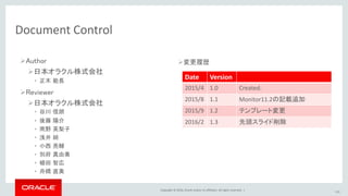 Copyright © 2016, Oracle and/or its affiliates. All rights reserved. |
Document Control
Author
日本オラクル株式会社
• 正木 能長
Reviewer
日本オラクル株式会社
• 谷川 信朗
• 後藤 陽介
• 南野 英梨子
• 浅井 純
• 小西 亮輔
• 別府 真由美
• 植田 智広
• 舟橋 直美
110
変更履歴
Date Version
2015/4 1.0 Created.
2015/8 1.1 Monitor11.2の記載追加
2015/9 1.2 テンプレート変更
2016/2 1.3 先頭スライド削除
 