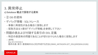 Copyright © 2016, Oracle and/or its affiliates. All rights reserved. |
3. 異常停止
• ② DB の資料
• デバッグ情報 - SQL トレース
– 事象に再現性がある場合に採取します
– 採取方法は 4章の「デバッグ情報」を参照して下さい
• 問題の表および付随する索引の DDL 定義
– 特定の表固有の問題であることが切り分けられた場合に採取します
– (参考)
Doc ID 1721554.1
既存の表・索引・表領域のDDL文を作成する方法 (DBMS_METADATA.GET_DDL)(KROWN:63106)
c) Database 観点で採取する資料
62
 