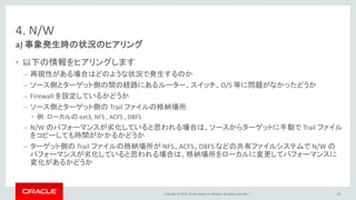 Copyright © 2016, Oracle and/or its affiliates. All rights reserved. |
4. N/W
• 以下の情報をヒアリングします
– 再現性がある場合はどのような状況で発生するのか
– ソース側とターゲット側の間の経路にあるルーター、スイッチ、O/S 等に問題がなかったどうか
– Firewall を設定しているかどうか
– ソース側とターゲット側の Trail ファイルの格納場所
• 例：ローカルの ext3, NFS , ACFS , DBFS
– N/W のパフォーマンスが劣化していると思われる場合は、ソースからターゲットに手動で Trail ファイル
をコピーしても時間がかかるかどうか
– ターゲット側の Trail ファイルの格納場所が NFS、ACFS、DBFS などの共有ファイルシステムで N/W の
パフォーマンスが劣化していると思われる場合は、格納場所をローカルに変更してパフォーマンスに
変化があるかどうか
a) 事象発生時の状況のヒアリング
65
 