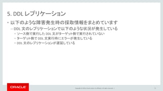 Copyright © 2016, Oracle and/or its affiliates. All rights reserved. |
5. DDL レプリケーション
• 以下のような障害発生時の採取情報をまとめています
– DDL 文のレプリケーションで以下のような状況が発生している
• ソース側で実行した DDL 文がターゲット側で実行されていない
• ターゲット側で DDL 文実行時にエラーが発生している
• DDL 文のレプリケーションが遅延している
71
 