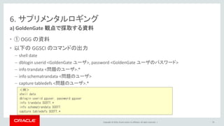 Copyright © 2016, Oracle and/or its affiliates. All rights reserved. |
6. サプリメンタルロギング
• ① OGG の資料
• 以下の GGSCI のコマンドの出力
– shell date
– dblogin userid <GoldenGate ユーザ>, password <GoldenGate ユーザのパスワード>
– info trandata <問題のユーザ>.*
– info schematrandata <問題のユーザ>
– capture tabledefs <問題のユーザ>.*
a) GoldenGate 観点で採取する資料
79
＜例＞
shell date
dblogin userid gguser, password gguser
info trandata SCOTT.*
info schematrandata SCOTT
capture tabledefs SCOTT.*
 