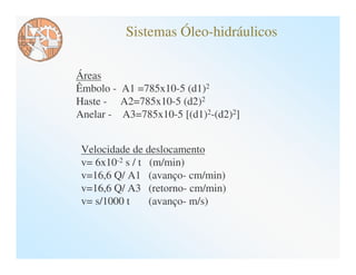 Sistemas Óleo-hidráulicos

Áreas
Êmbolo - A1 =785x10-5 (d1)2
Haste - A2=785x10-5 (d2)2
Anelar - A3=785x10-5 [(d1)2-(d2)2]


 Velocidade de deslocamento
 v= 6x10-2 s / t (m/min)
 v=16,6 Q/ A1 (avanço- cm/min)
 v=16,6 Q/ A3 (retorno- cm/min)
 v= s/1000 t     (avanço- m/s)
 