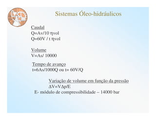 Sistemas Óleo-hidráulicos

Caudal
Q=Av/10 ηvol
Q=60V / t ηvol

Volume
V=As/ 10000
Tempo de avanço
t=6As/1000Q ou t= 60V/Q

       Variação de volume em função da pressão
       ∆V=V∆p/E
 E- módulo de compressibilidade – 14000 bar
 