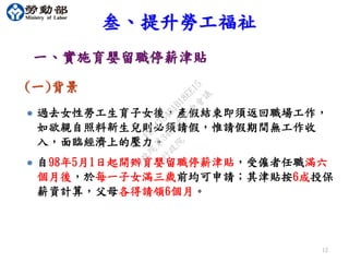 12
叁、提升勞工福祉
一、實施育嬰留職停薪津貼
(一)背景
 過去女性勞工生育子女後，產假結束即須返回職場工作，
如欲親自照料新生兒則必須請假，惟請假期間無工作收
入，面臨經濟上的壓力。
 自98年5月1日起開辦育嬰留職停薪津貼，受僱者任職滿六
個月後，於每一子女滿三歲前均可申請；其津貼按6成投保
薪資計算，父母各得請領6個月。
行
政
院
行
政
院
第
3483次
院
會
會
議
FB74734B1B18EE15
 