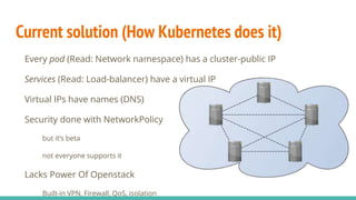 Current solution (How Kubernetes does it)
Every pod (Read: Network namespace) has a cluster-public IP
Services (Read: Load-balancer) have a virtual IP
Virtual IPs have names (DNS)
Security done with NetworkPolicy
but it’s beta
not everyone supports it
Lacks Power Of Openstack
Built-in VPN, Firewall, QoS, isolation
 