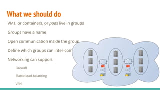 What we should do
VMs, or containers, or pods live in groups
Groups have a name
Open communication inside the group
Define which groups can inter-communicate
Networking can support
Firewall
Elastic load-balancing
VPN
 
