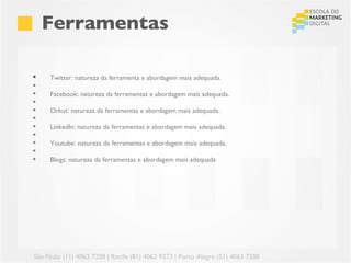 Ferramentas

    Twitter: natureza da ferramenta e abordagem mais adequada.
 
    Facebook: natureza da ferramentas e abordagem mais adequada.
 
    Orkut: natureza da ferramentas e abordagem mais adequada.
 
    LinkedIn: natureza da ferramentas e abordagem mais adequada.
 
    Youtube: natureza da ferramentas e abordagem mais adequada.
 
    Blogs: natureza da ferramentas e abordagem mais adequada




São Paulo (11) 4063 7208 | Recife (81) 4062 9373 | Porto Alegre (51) 4063 7208
 