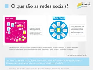 O que são as redes sociais?




   O Twitter pode ser usado como mídia social, tendo objetivo apenas difundir conteúdo, ao mesmo tempo em
   que o microblog pode ser usado como rede social, apenas para seguir amigos e conversar entre eles.


                                                                                      Fonte: http://www.midiatismo.com.br/



Leia mais sobre em: http://www.midiatismo.com.br/comunicacao-digital/qual-a-
diferenca-entre-redes-sociais-e-midias-sociais#ixzz1qFvv6s5y

   São Paulo (11) 4063 7208 | Recife (81) 4062 9373 | Porto Alegre (51) 4063 7208
 