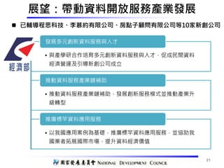 展望：帶動資料開放服務產業發展
• 與產學研合作培育多元創新資料服務與人才，促成民間資料
經濟營運及引導新創公司成立
發展多元創新資料服務與人才
• 推動資料服務產業鏈補助，發展創新服務模式並推動產業升
級轉型
推動資料服務產業鏈補助
• 以我...