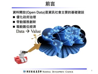 資料開放(Open Data)是資訊社會主要的基礎建設
 優化政府治理
 帶動服務創新
 驅動數位經濟
3
前言
Data  Value
 